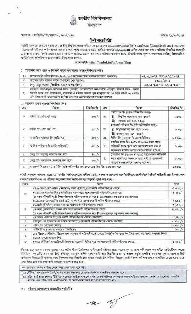 মাস্টার্স ফরম ফিলাপ Masters Form Fillup 2024