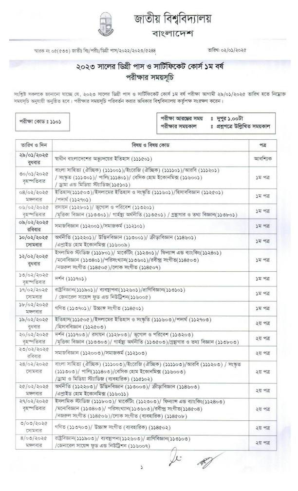 ২০২৫ সালের ডিগ্রি ১ম বর্ষের নতুন রুটিন Degree Routine 2025