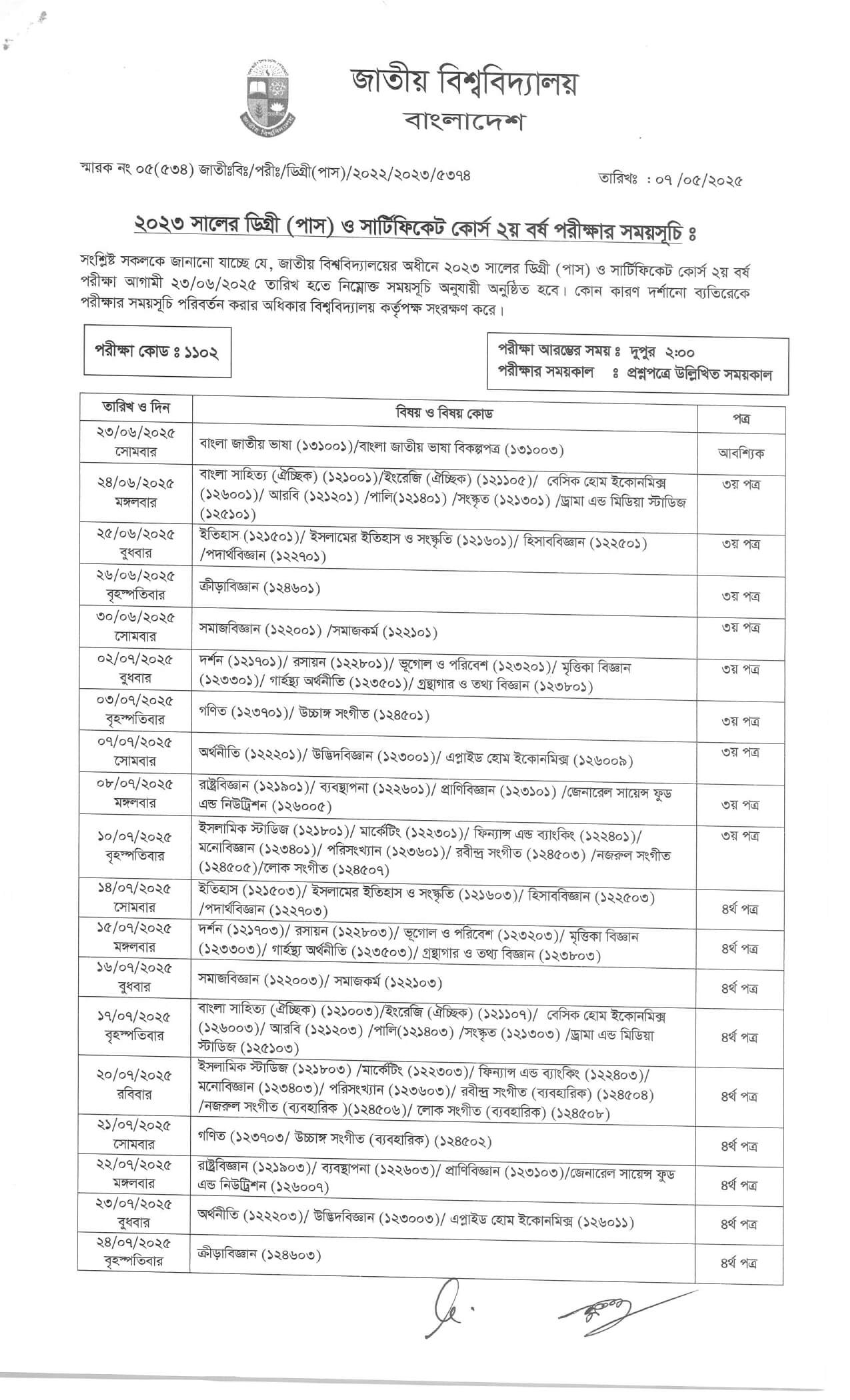 ডিগ্রি ২য় বর্ষ রুটিন Degree Routine 2025
